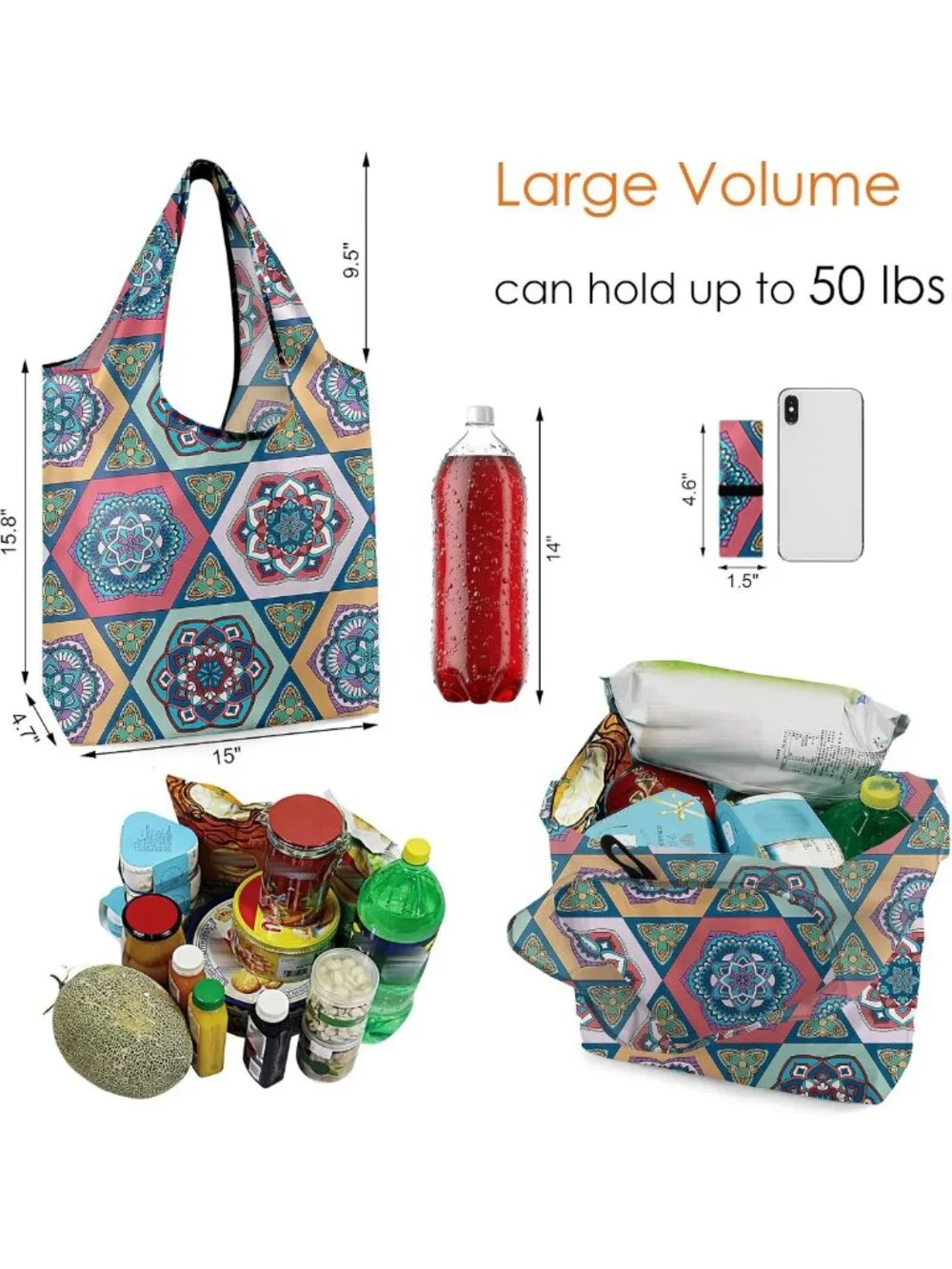 Boho Geometric Reusable Grocery Bags - X-Large Foldable, Heavy Duty, 6 Pack